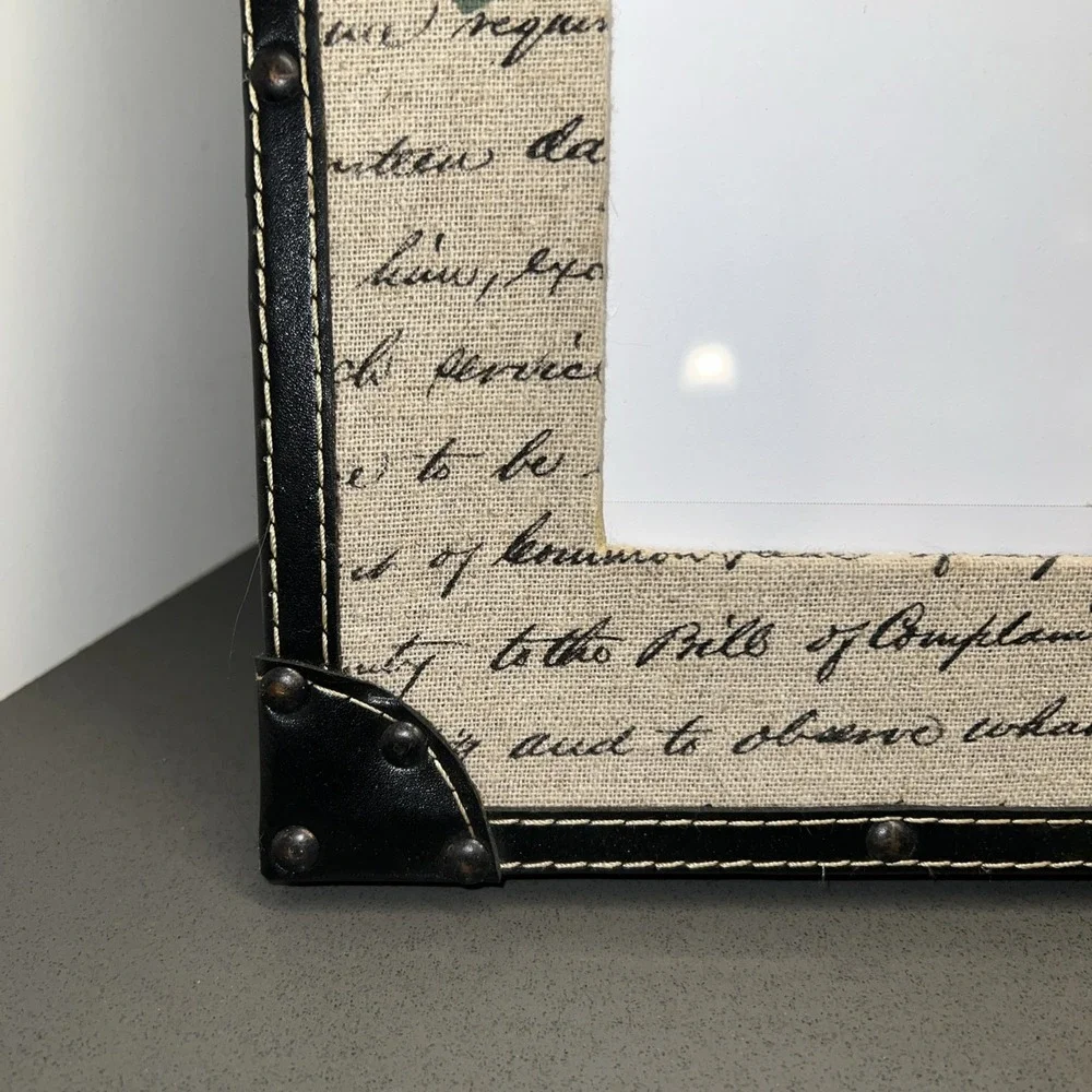 VINTAGE STYLE BROWN FAUX LEATHER FRAME W/ NAILHEAD TRIM & STAMPED CANVAS MAT 5X7